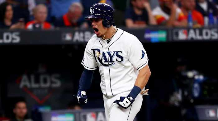 Oct 8, 2019; St. Petersburg, FL, USA; Tampa Bay Rays shortstop Willy Adames (1) celebrates his home run during the fourth inning in game four of the 2019 ALDS playoff baseball series against the Houston Astros at Tropicana Field. Mandatory Credit: Kim Klement-USA TODAY Sports